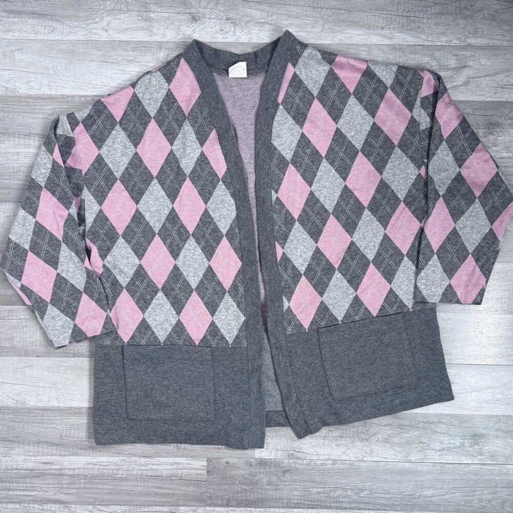 Vintage Pink Gray Argyle Cardigan Made in USA 90s Preppy Sweater Plus Size